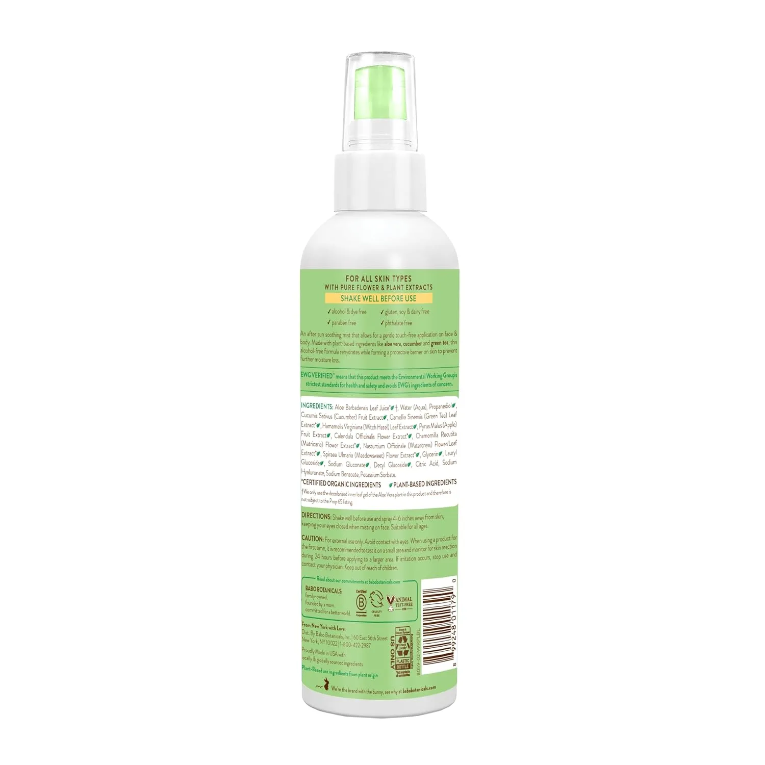 Babo Botanicals успокаивающий спрей после солнца с алоэ вера и огурцом для лица, тела и чувствительной кожи, Green — фото 3
