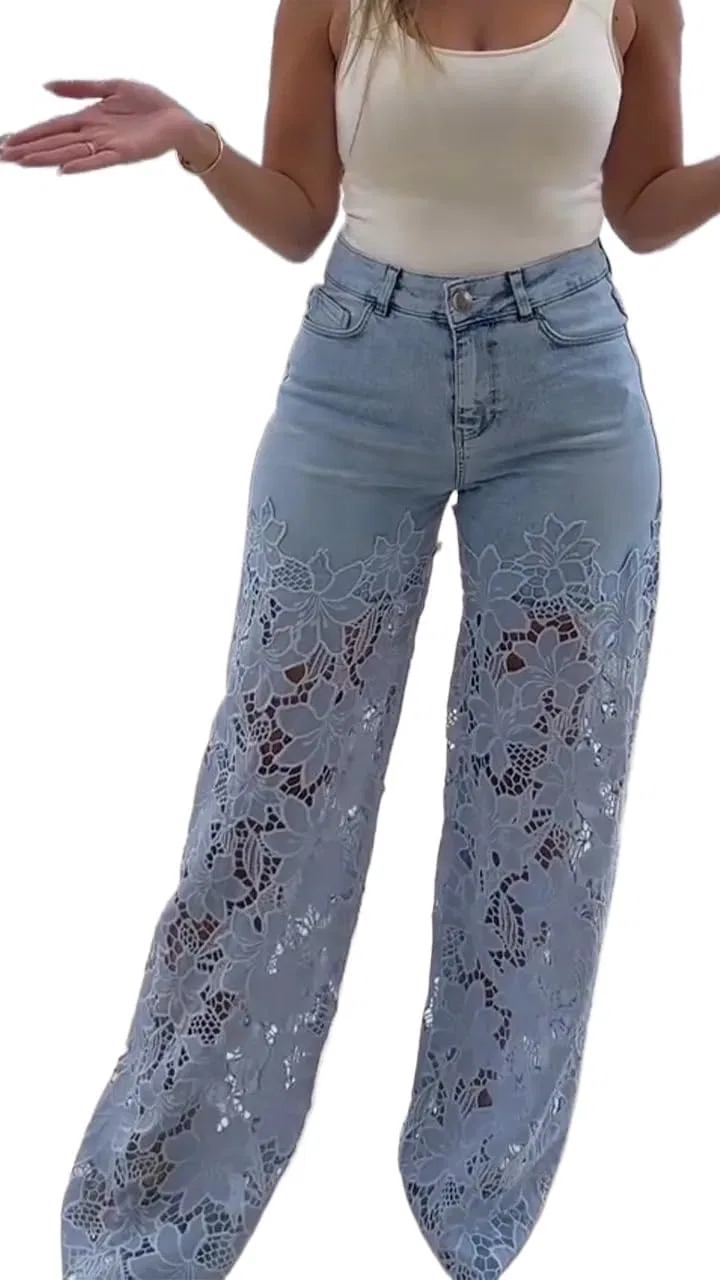 Джинсы свободные с кружевными вставками, Light Blue