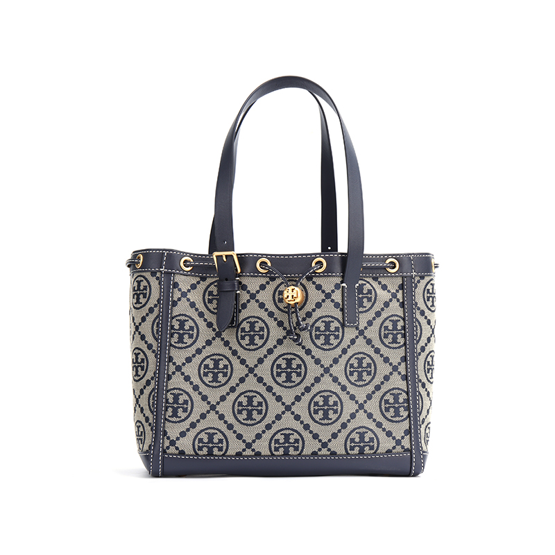 

TORY BURCH Монограмма Тканый Жаккард С Кожаной Отделкой Бакет Сумка На Одно Плечо Маленький Размер Женская Морская Синяя
