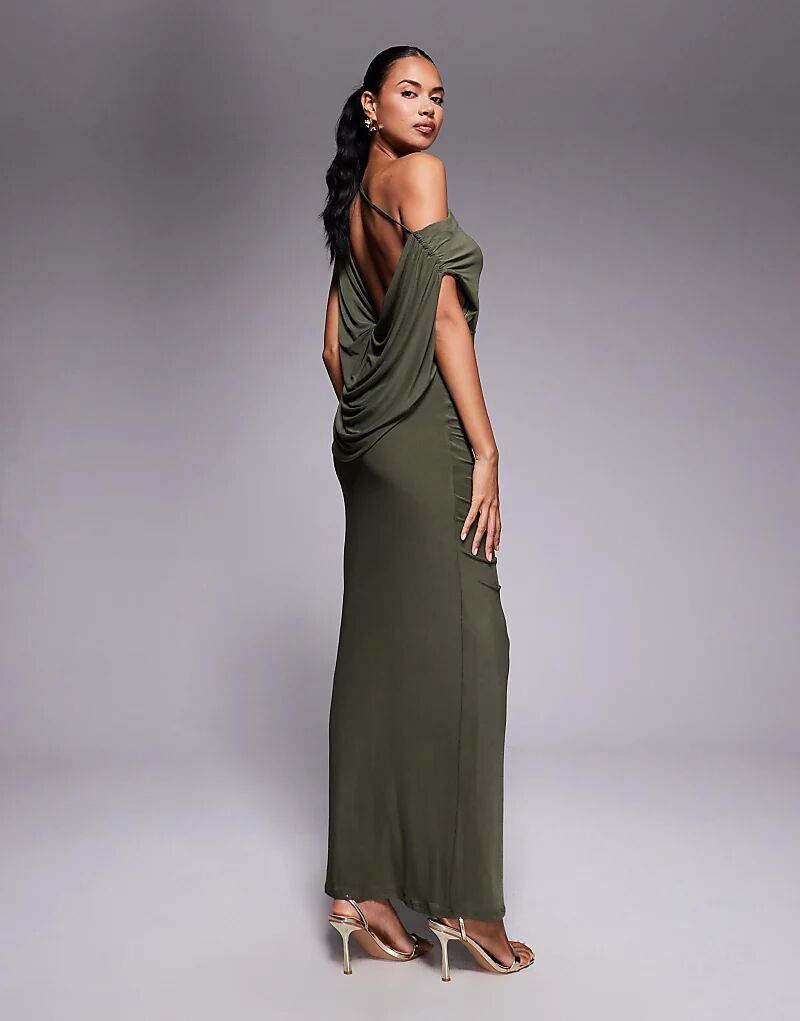 

Платье макси ASOS DESIGN цвета хаки с сетчатой ​​драпировкой на спине и сборками