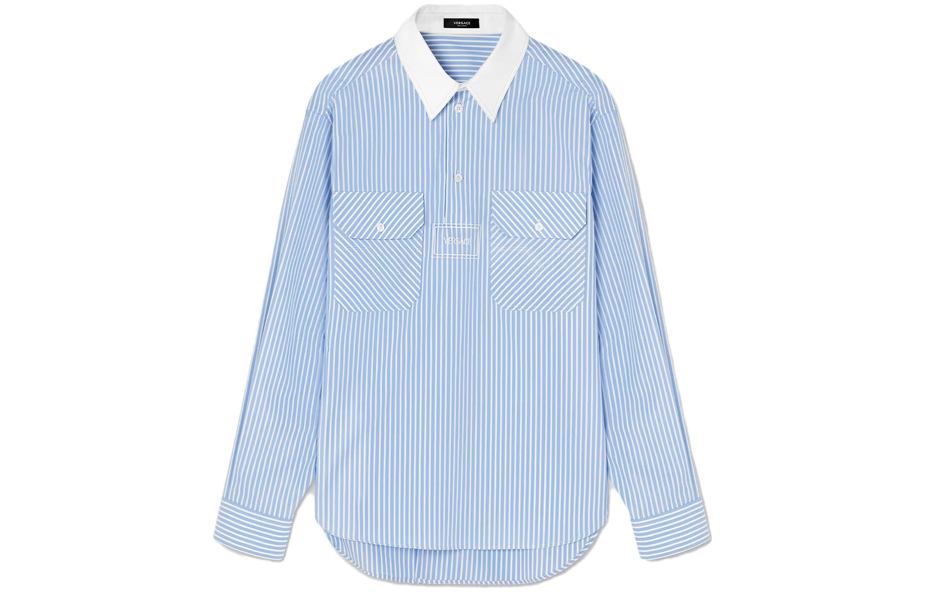 

Рубашка из хлопка с логотипом и кантом в полоску VERSACE, светло-голубой