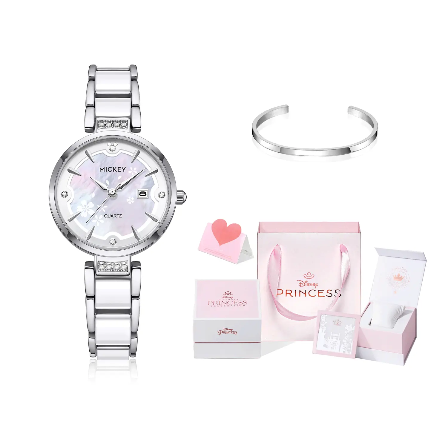 

Часы Princess с кварцевым механизмом, браслетом из нержавеющей стали, женские часы с перламутровым циферблатом Disney, camellia elegance[disney princess box+bangle+greeting card]