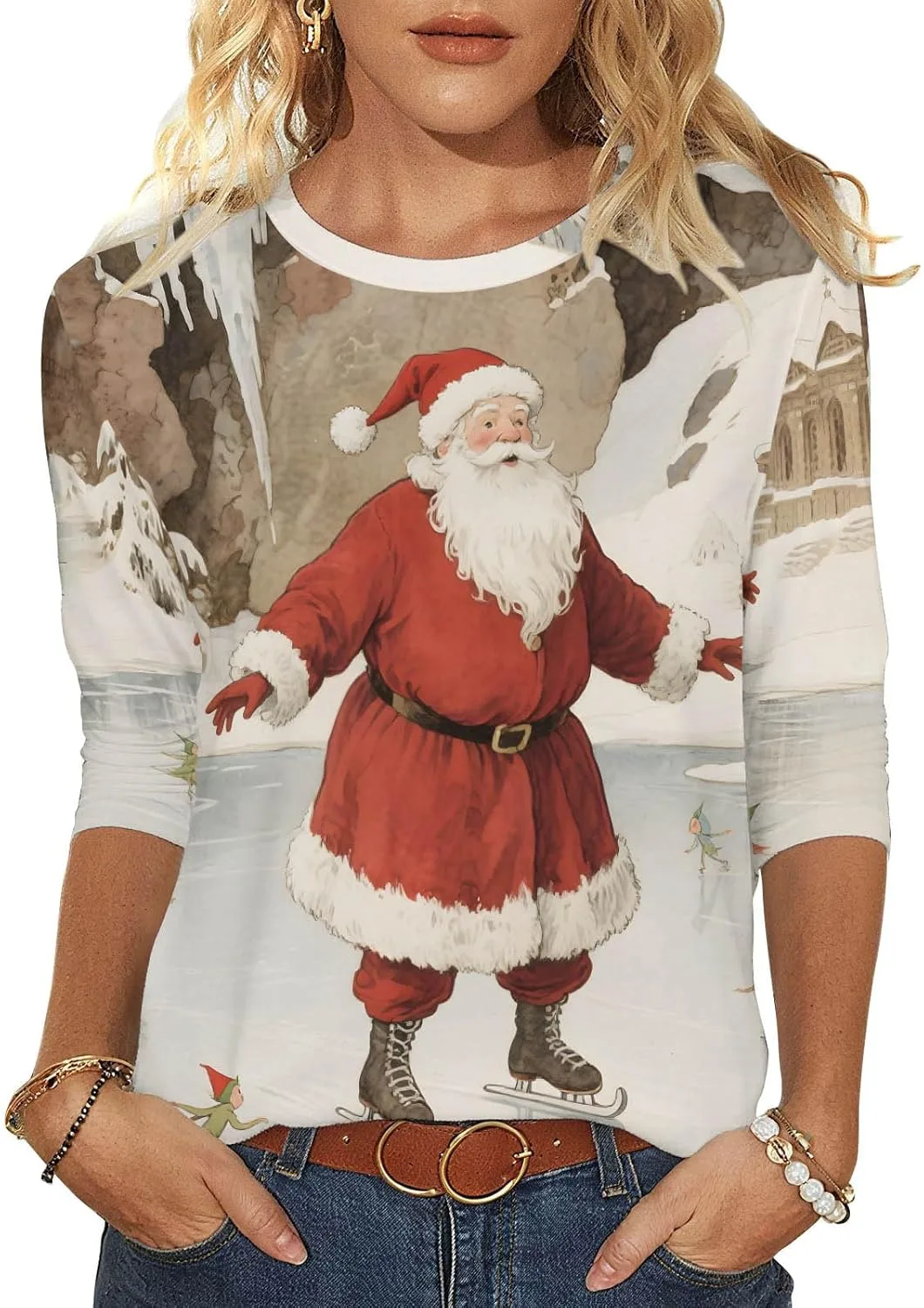 

Xiaojmake женский топ с 3/4 рукавом и рождественским принтом