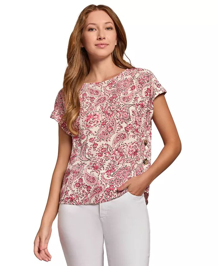 

Топ Petite Printed с застежкой-молнией по бокам и рукавами-крылышками Jones New York, розовый