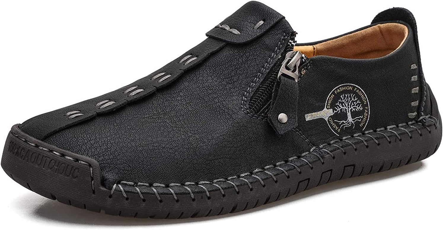 

Мужские слипоны-лоферы, повседневные кожаные лоферы на плоской подошве, легкие дышащие туфли для прогулок и вождения, комфортные классические туфли с ручной строчкой, офисные и туфли, противоскользящие мокасины с круглым носком Nuheel, черный