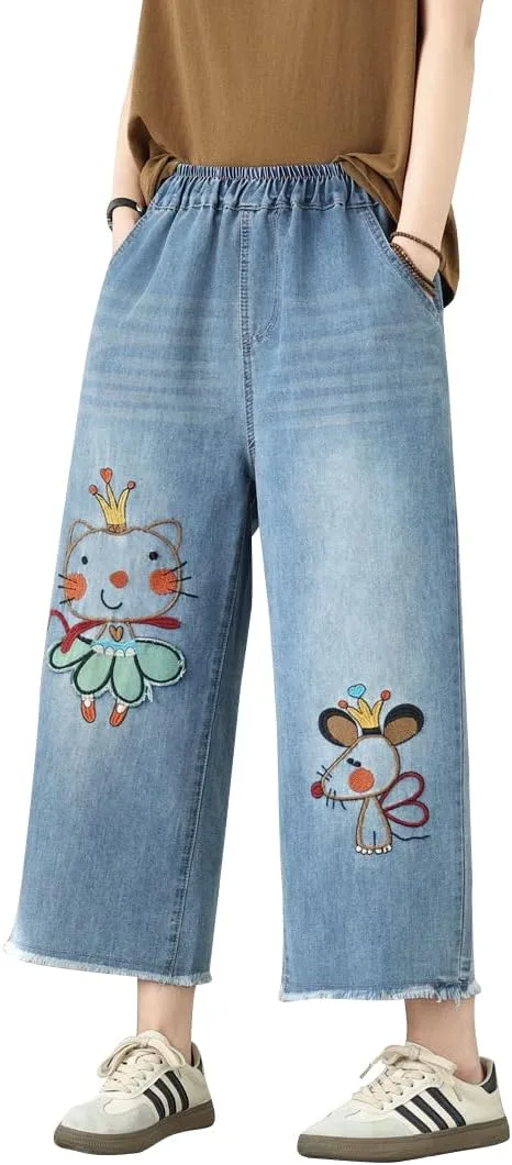 

Женские укороченные джинсы с эластичным поясом и вышивкой Aricaca