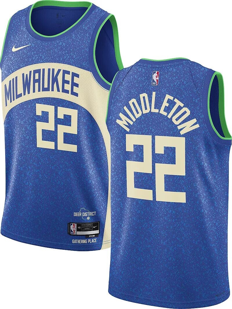 

Мужская синяя майка Nike Swingman 2023-24 City Edition Milwaukee Bucks Khris Middleton #22