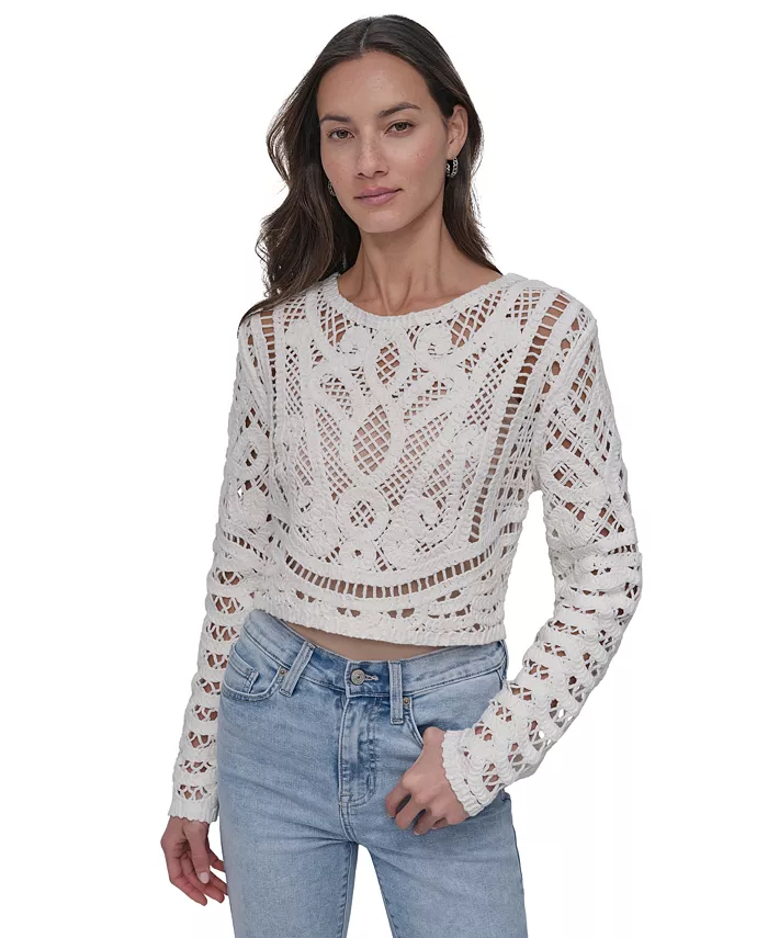 

Женский хлопковый свитер с кружевной вязкой DKNY Jeans, белый
