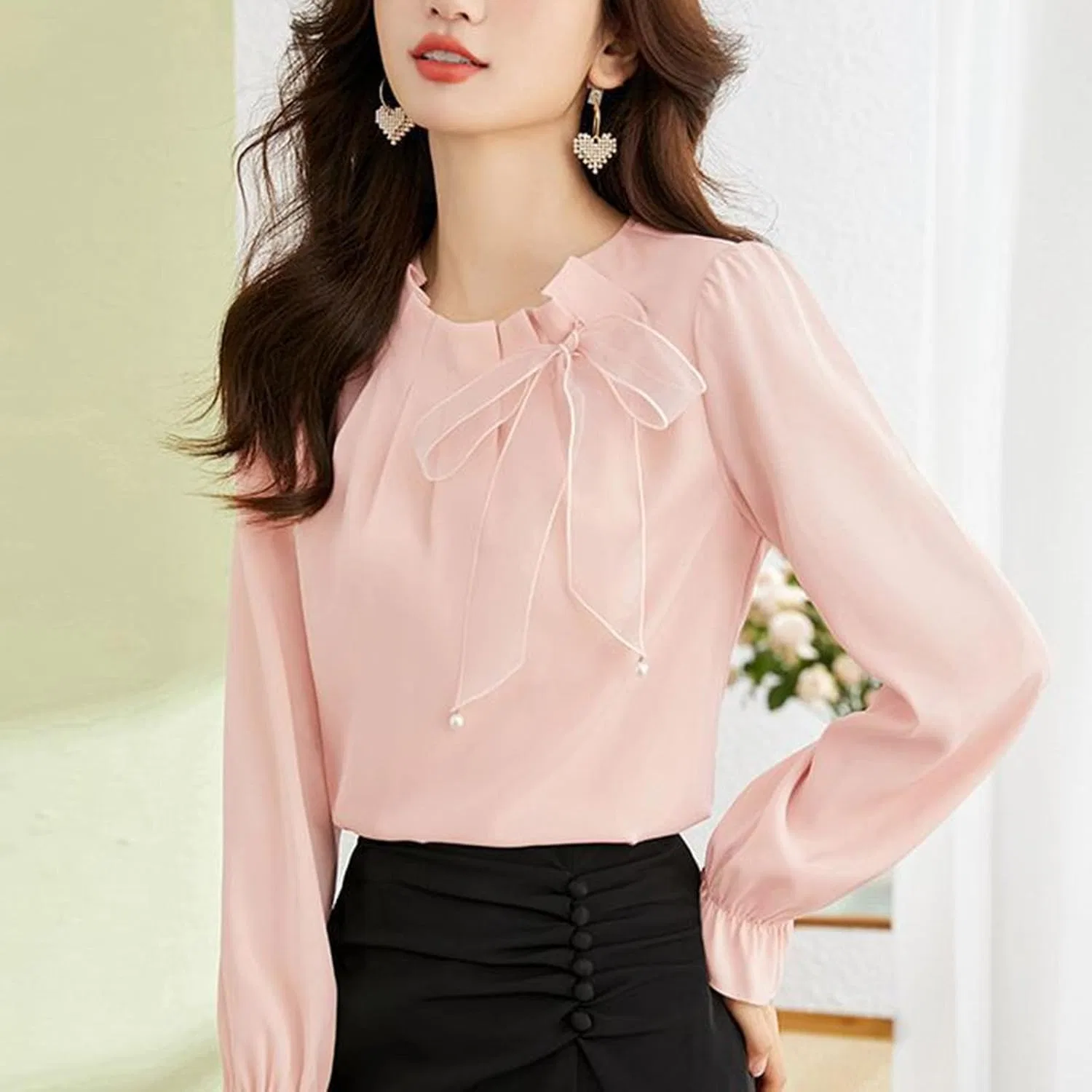 Блузка, прозрачная, с кружевом, длинным рукавом, женская, из коллекции Casual, розовая — фото 3