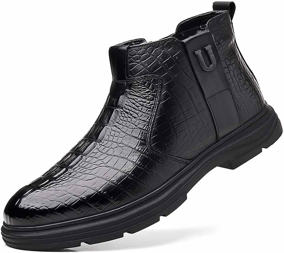 

Мужские ботинки MSYINGL с круглыми носками, на щиколотку, подкладка из шерсти, боковая молния, крокодиловый принт, кожа коровы, водонепроницаемые, противоскользящие, стильные рабочие, черный