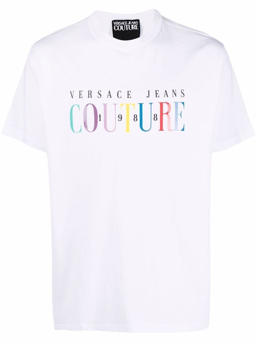 

Versace Jeans Couture Мужская белая разноцветная футболка с круглым вырезом и короткими рукавами с логотипом, белый