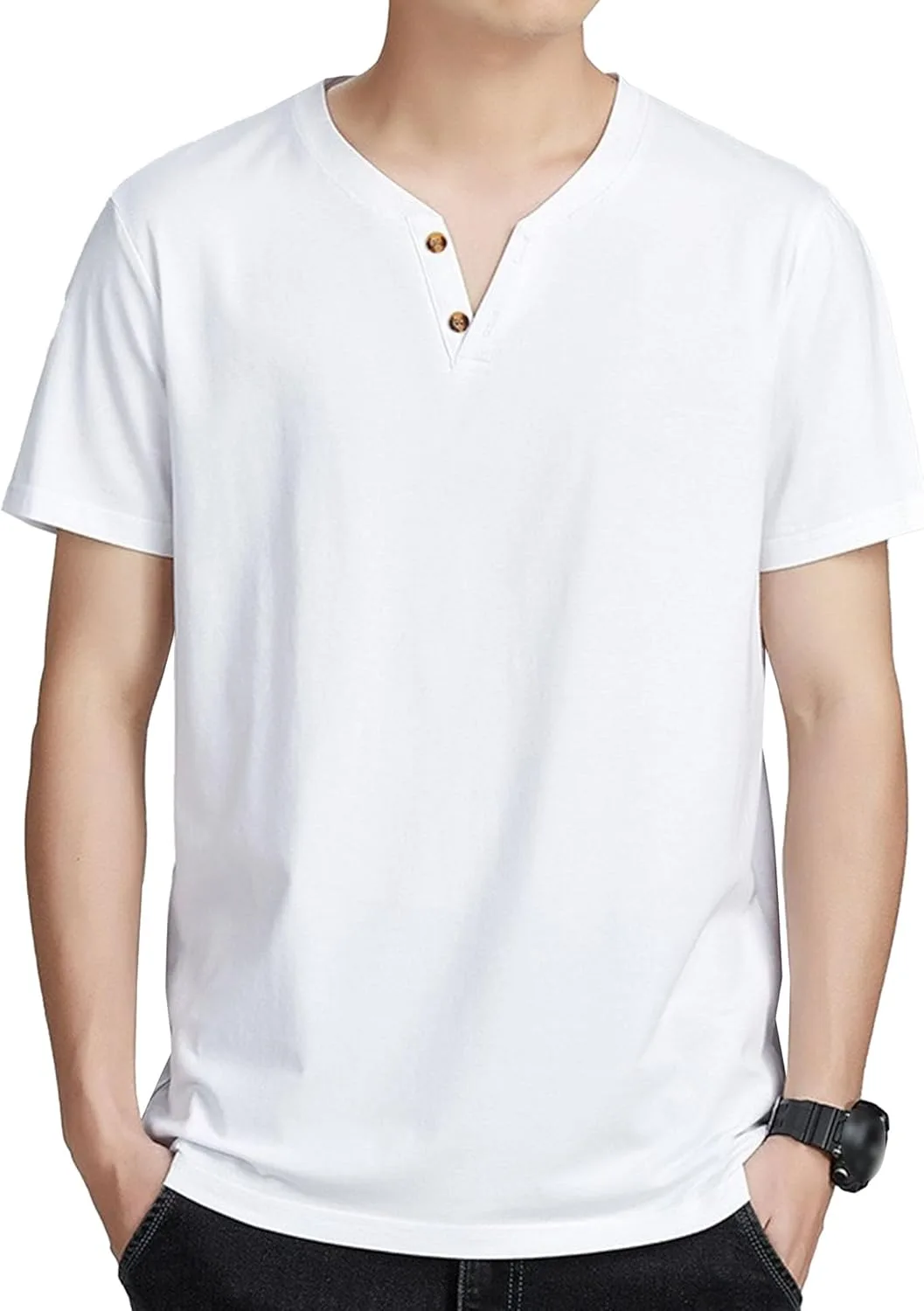 

Мужская футболка с V-образным вырезом и пуговицами, однотонная, летняя, с короткими рукавами Maiyifu-GJ