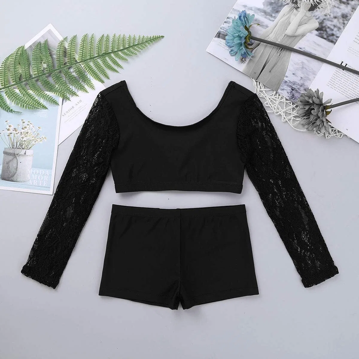 Детский спортивный костюм с длинным рукавом iEFiEL, топ и шорты, Black Crop Top — фото 3