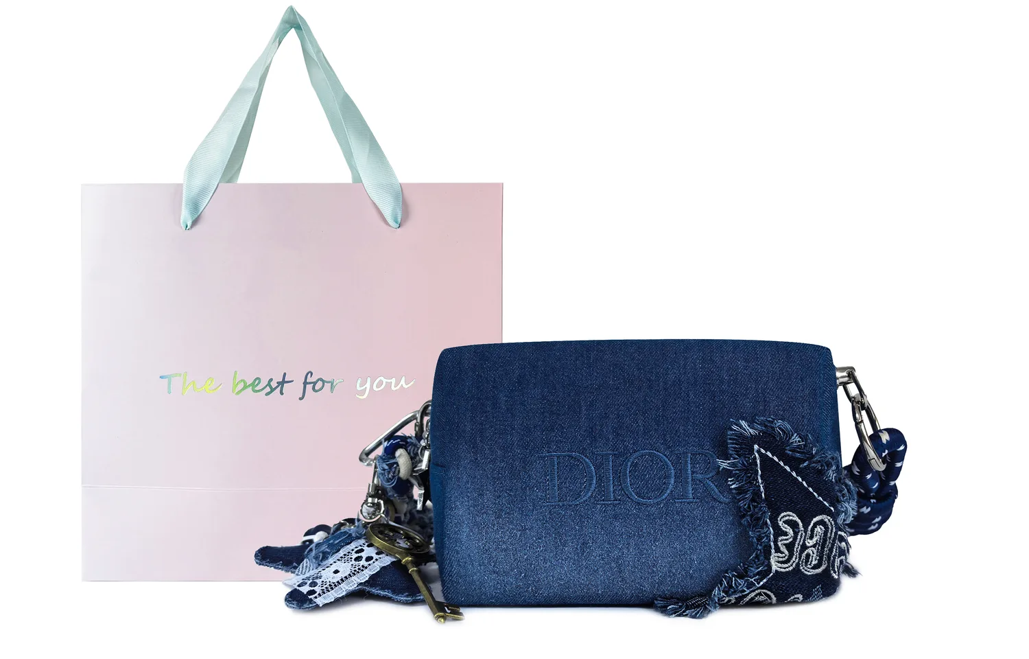 DIOR [Индивидуальная косметичка] Цветочный принт, деним, винтажный стиль, синяя сумка через плечо с эффектом потертости