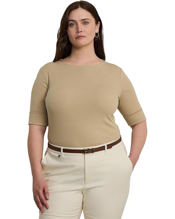 

Топ Lauren Ralph Lauren Plus Size Stretch Cotton Boatneck Top, цвет Birch Tan