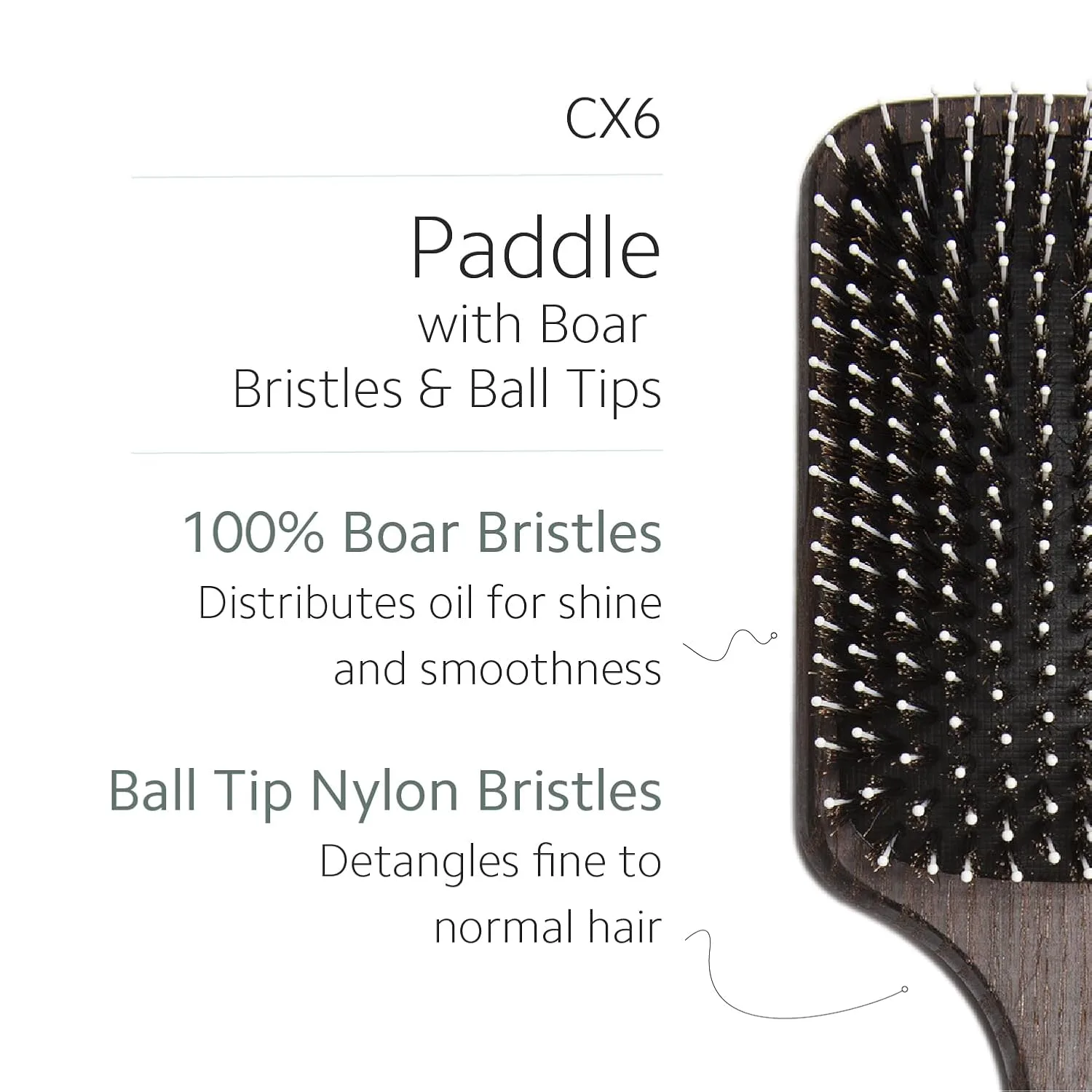 Профессиональные щетки для волос Ibiza Hair Professional CX Series: круглые, лопатообразные и овальные. CX6 - Паддл-щетка, щетина кабана, с шариками на концах — фото 2