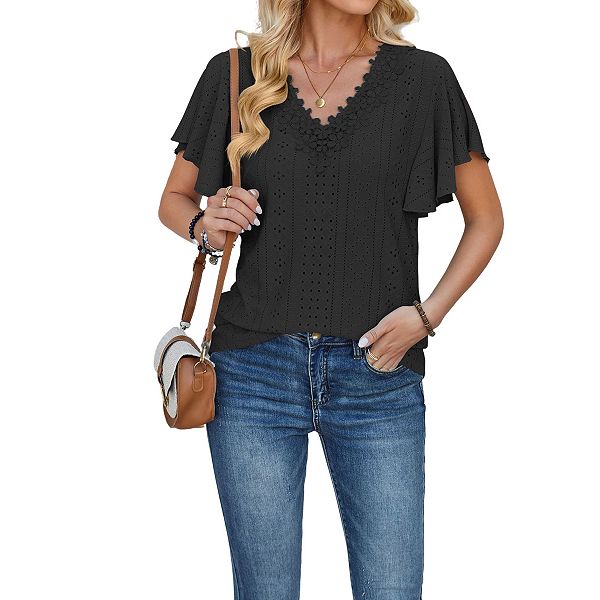 

Женская блузка с v-образным вырезом и вышивкой на горловине Clearflower, Black