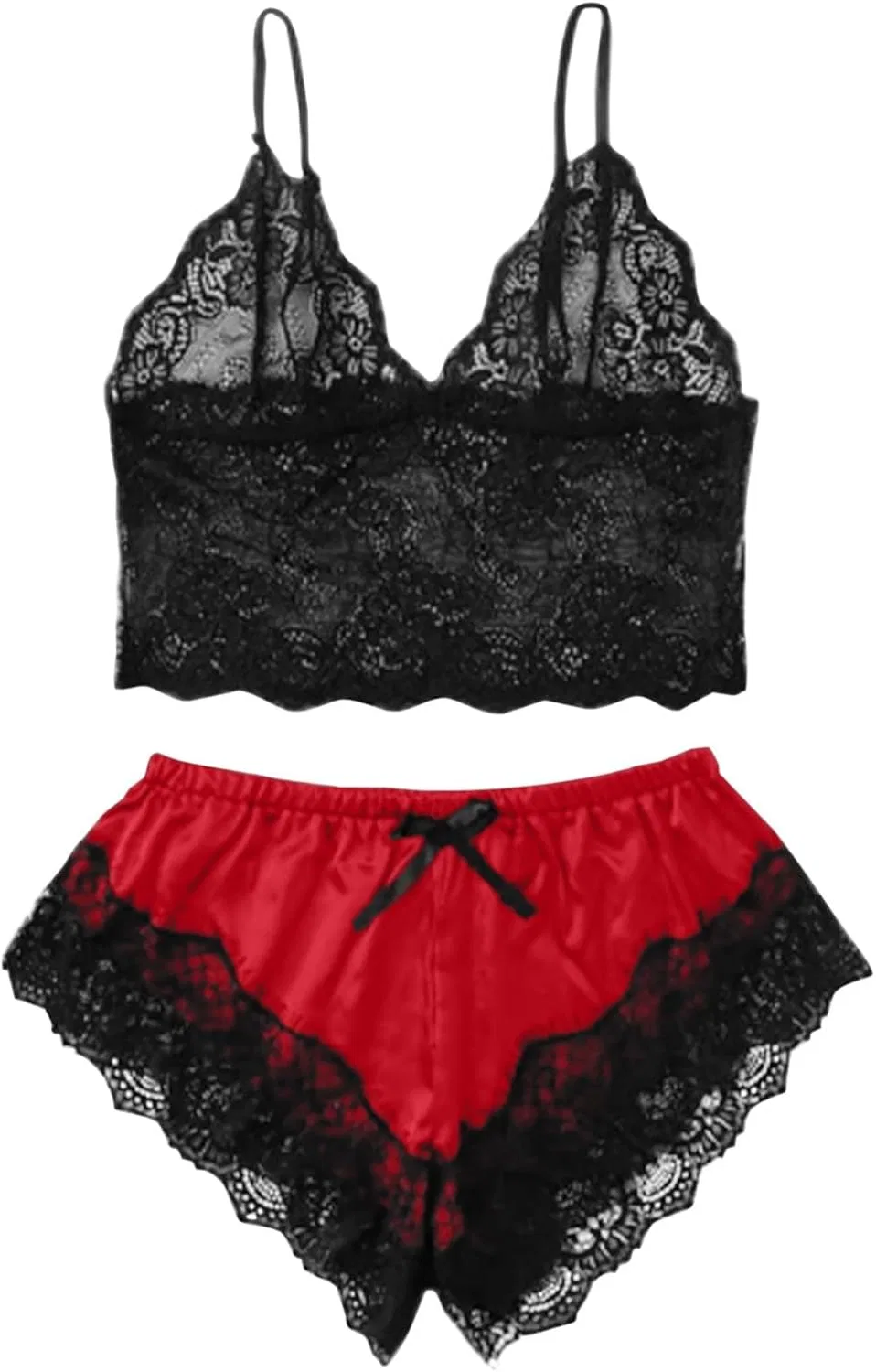 Комплект пижамы, кружевной, Women's 2 Piece Lingerie Floral Lace Cami Top with Satin Shorts Sleepwear Pajama Set, красный