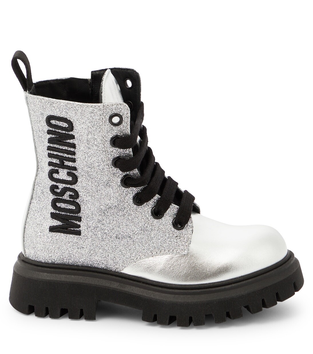 Кожаные ботинки с блестками и логотипом Moschino Kids, серебро — фото 3