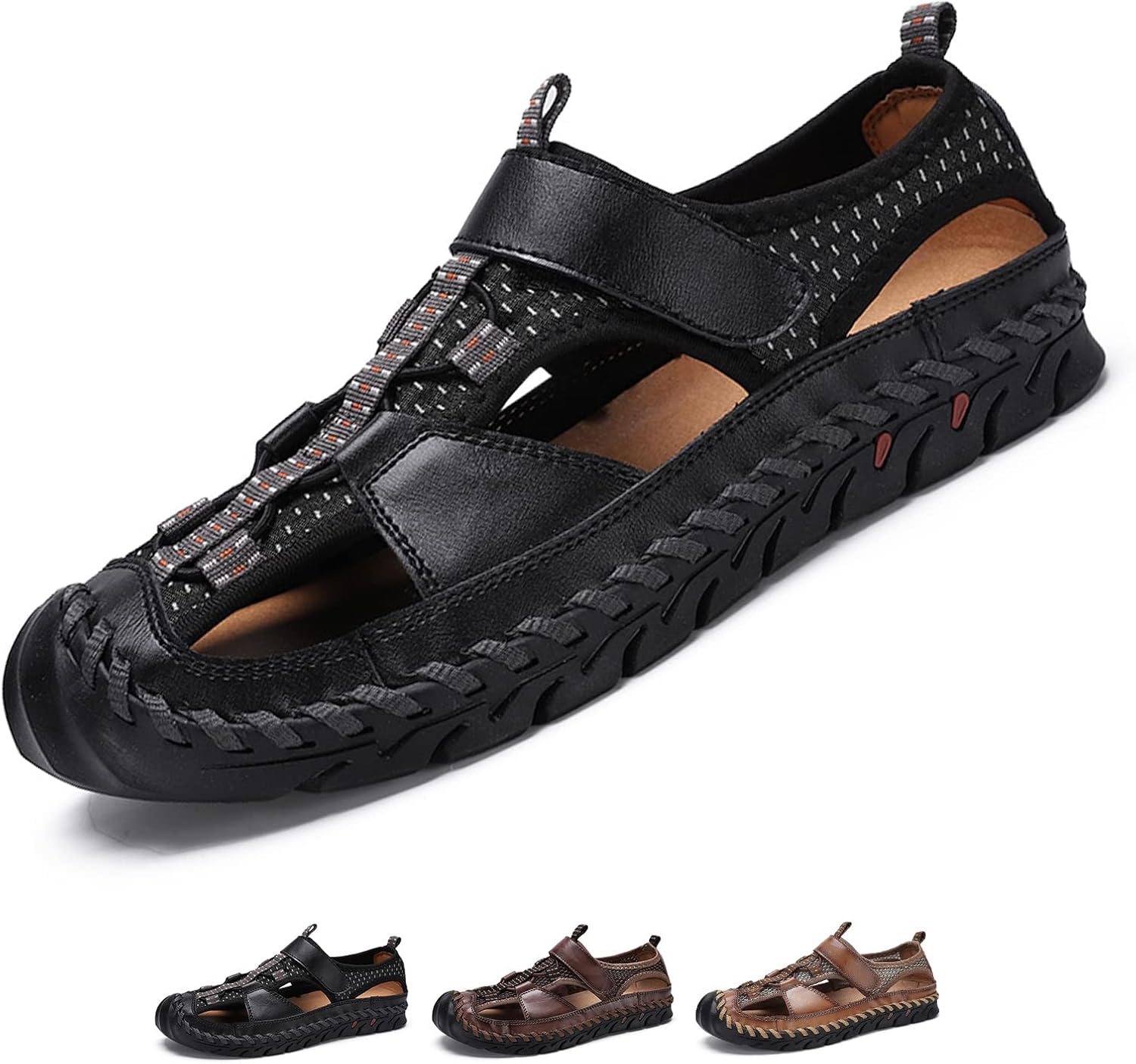 

Мужские сандалии Optigard из натуральной кожи с ручной строчкой, для рыбаков, повседневные с закрытым носком, дышащие походные сандалии, спортивная обувь для ходьбы и воды, черный