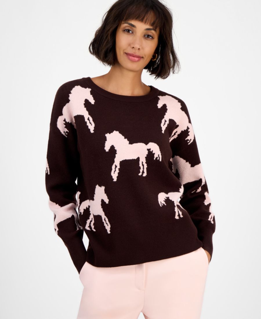 

Женский свитер с длинными рукавами и круглым вырезом, с принтом под лошадь T Tahari, Espresso Bean/stone Pink