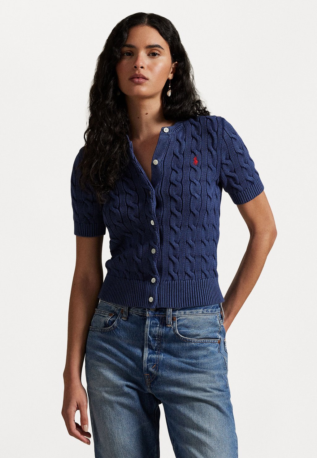 

Кардиган CABLE KNIT COTTON SHORT SLEEVE CARDIGAN Polo Ralph Lauren, синий