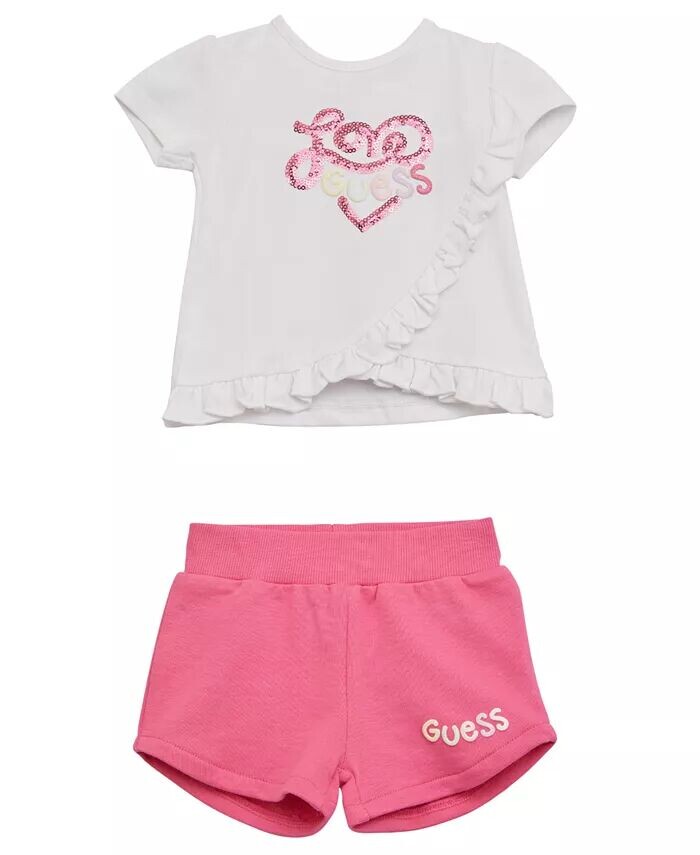 

Топ и короткий комплект с короткими рукавами для маленьких девочек Guess, белый