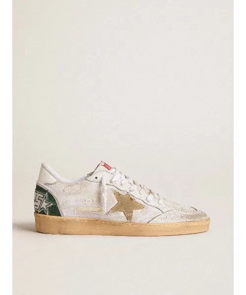 Мужские кроссовки из кожи и сетки Ball Star GOLDEN GOOSE белые с зелёным