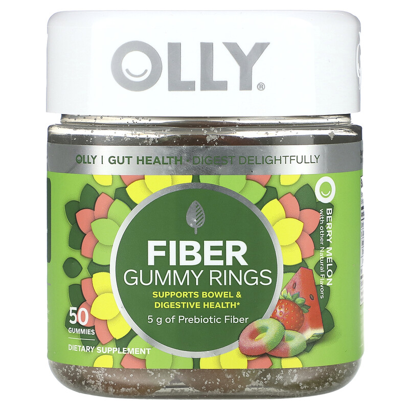 

OLLY, Fiber Gummy Rings, ягодная дыня, 5 г, 50 жевательных мармеладок (2,5 г в 1 жевательной мармеладке)