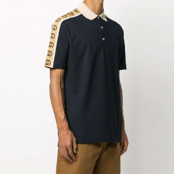 Футболка interlock double g stripe polo shirt navy blue Gucci, синий — фото 2