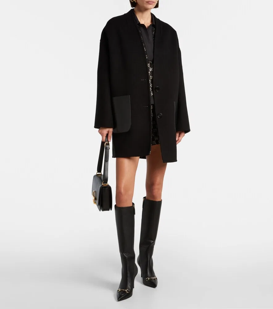 Пальто Gucci Caban, двустороннее шерстяное с кожаной отделкой, черный — фото 2