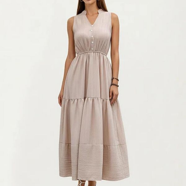 

Женское платье-макси без рукавов с ярусами, пуговицами спереди, V-образным вырезом и эластичной талией Anna-Kaci