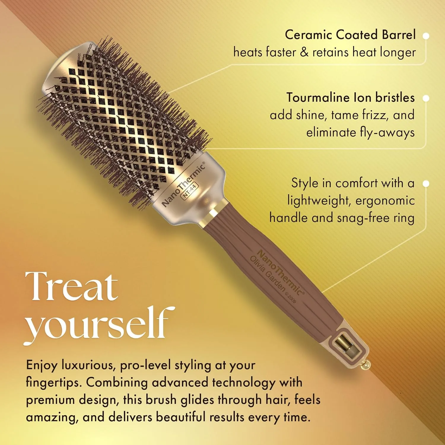 Термощетка для укладки волос Olivia Garden NanoThermic Ceramic + Ion Round Thermal Hair Brush - не электрическая - профессиональная щетка для нормальных и густых волос. 4,4 см, Gold / Chocolate — фото 3