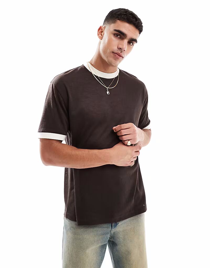 

Футболка свободного кроя ASOS DESIGN из льняного материала с контрастными деталями коричневого цвета