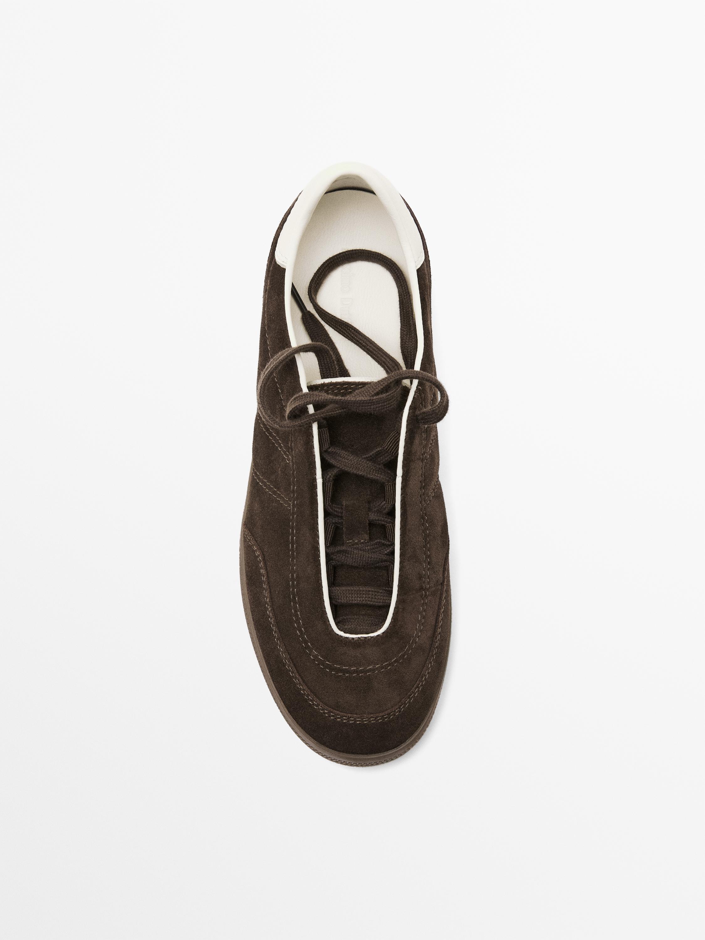 Кроссовки из спилка из замши с декоративной строчкой Massimo Dutti, коричневый — фото 3