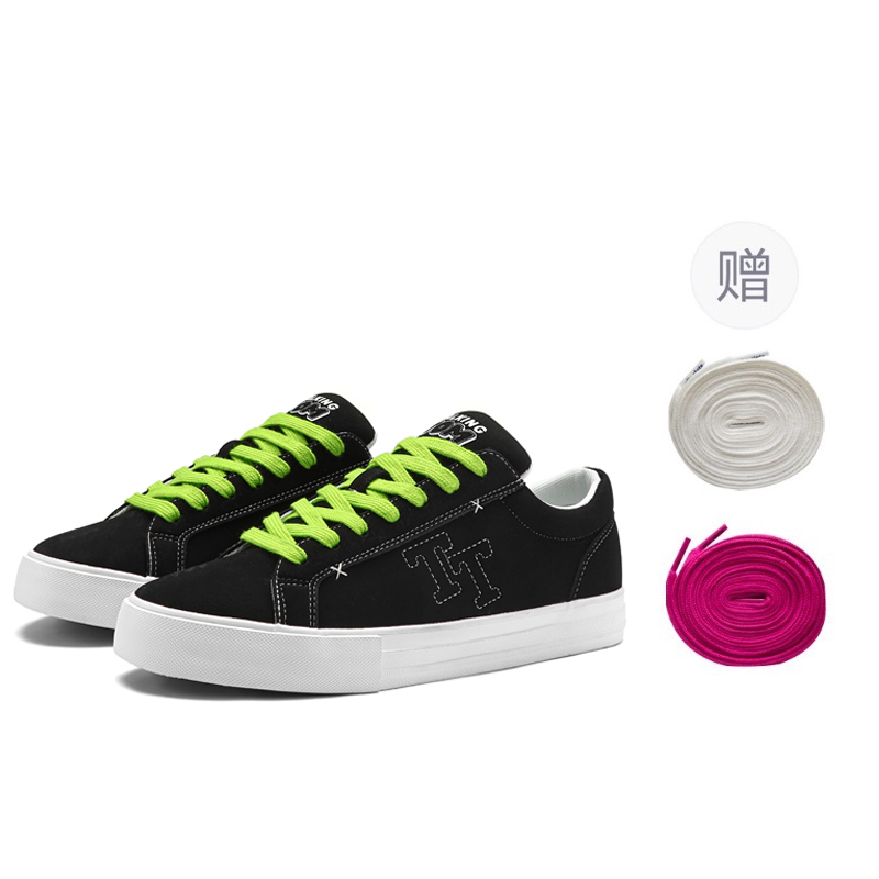 

TALKING TOM Кроссовки для скейтбординга унисекс низкие черно-бело-серые с неоново-зелеными и бело-розовыми шнурками, цвет Black[Neon Green/White//Magenta Shoelace]