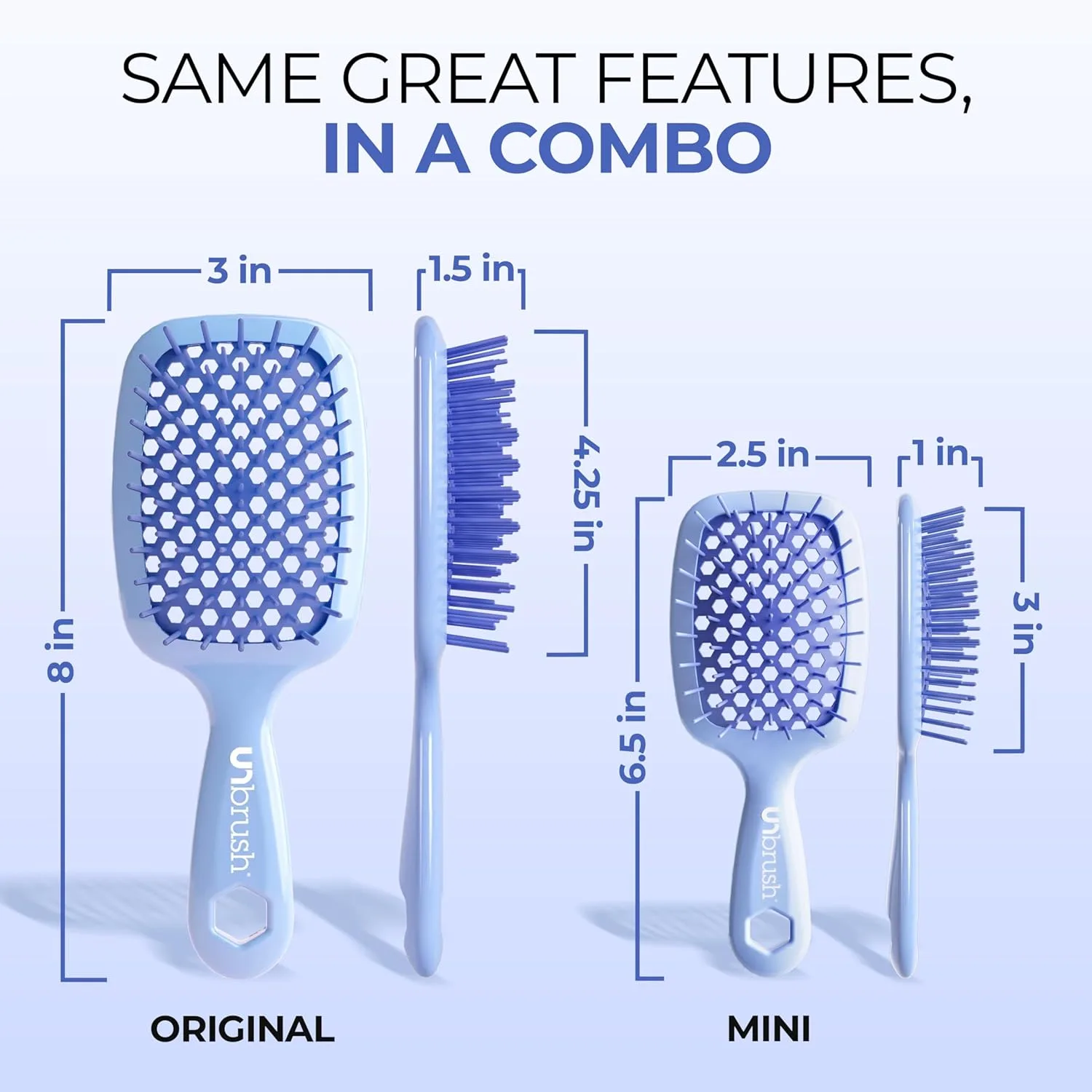 FHI Heat UNbrush Detangling Brush Combo Pack - оригинальная и мини UNbrush для всех типов волос, мокрых и сухих - DuoFlex антистатическая щетка, вентилируемая для безболезненного укладки, Periwinkle Light Blue — фото 4