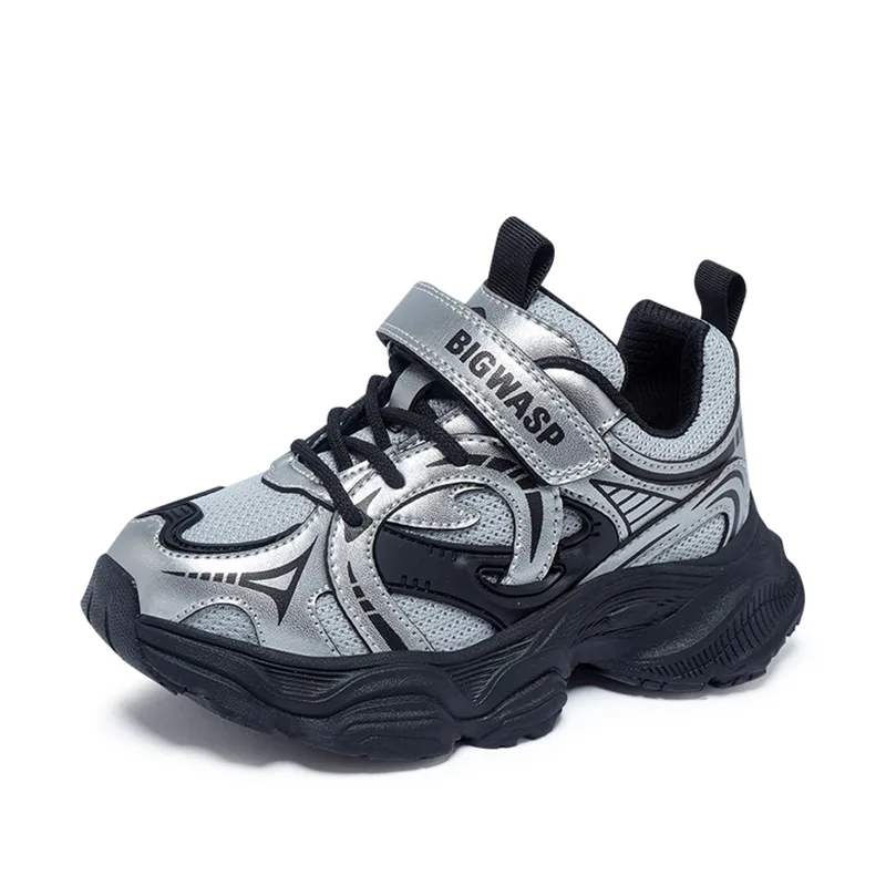 Детские повседневные кроссовки low top из искусственной кожи, нескользящие, дышащие, устойчивые к ударам и истиранию BIG WASP, черный серебро — фото 3