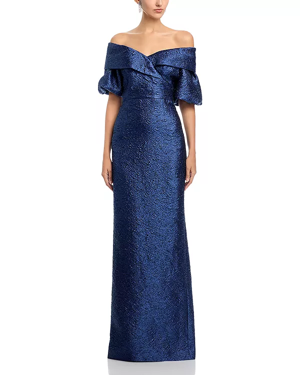 

Платье с рукавами-фонариками из металлизированного жаккарда Teri Jon By Rickie Freeman, синий