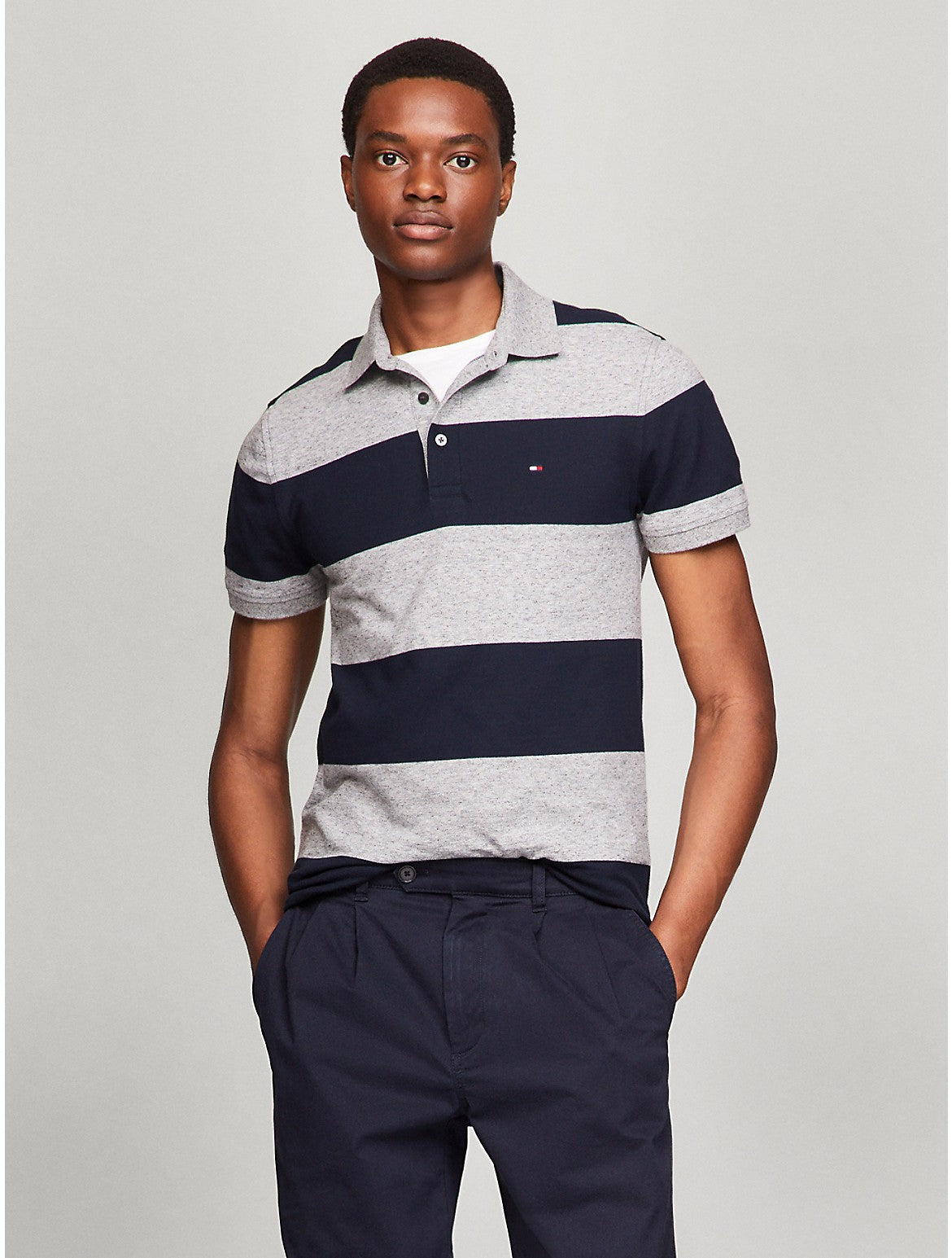

Мужская облегающая рубашка-поло Tommy Hilfiger Rugby Stripe, цвет grey heather/navy