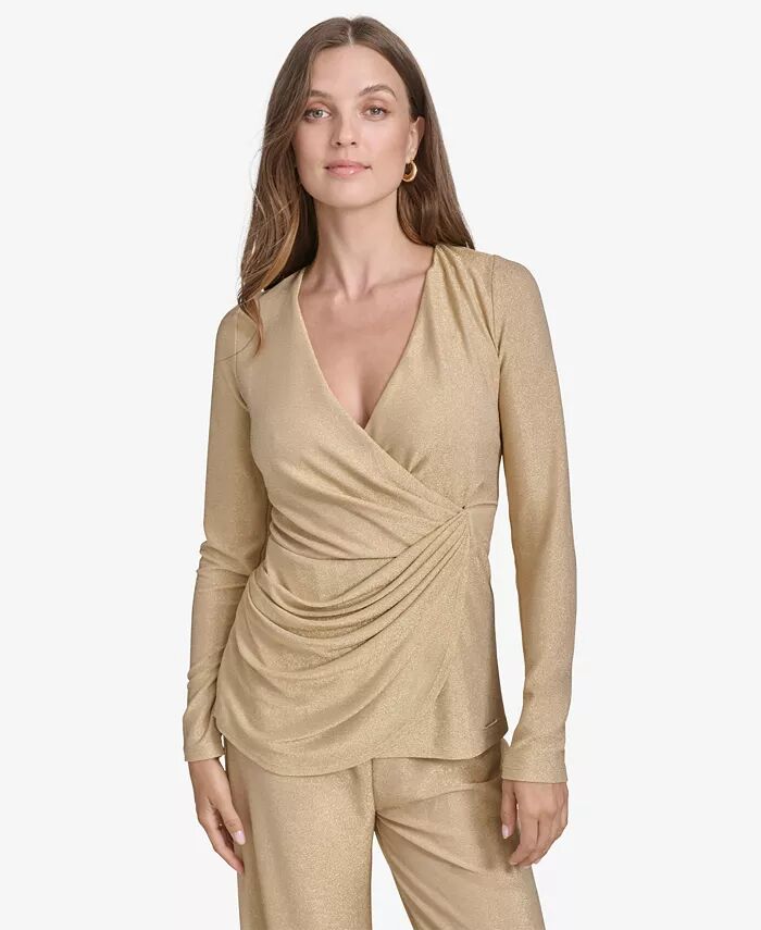 

Женский топ из металлизированной вязки с драпировкой Halston, золотой