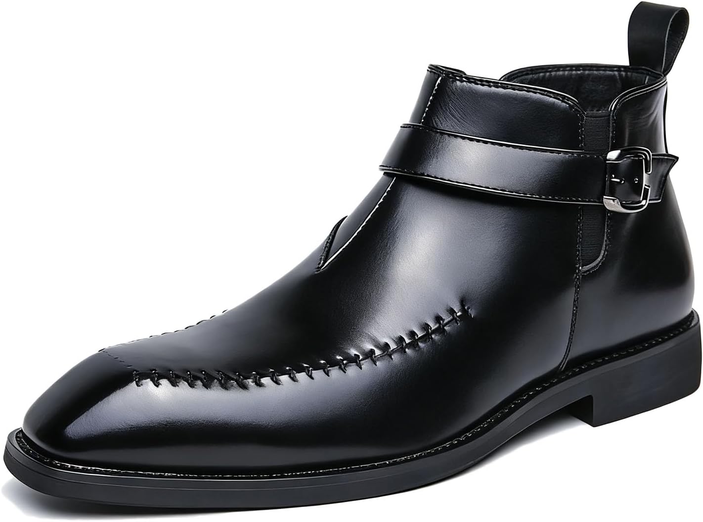 

Мужские кожаные деловые челси с квадратным носком, боковой молнией, модной отделкой пряжкой, удобные, на подскоке, зимние теплые ботинки чукка на щиколотку для повседневной, рабочей и формальной носки Twodnawk, черный