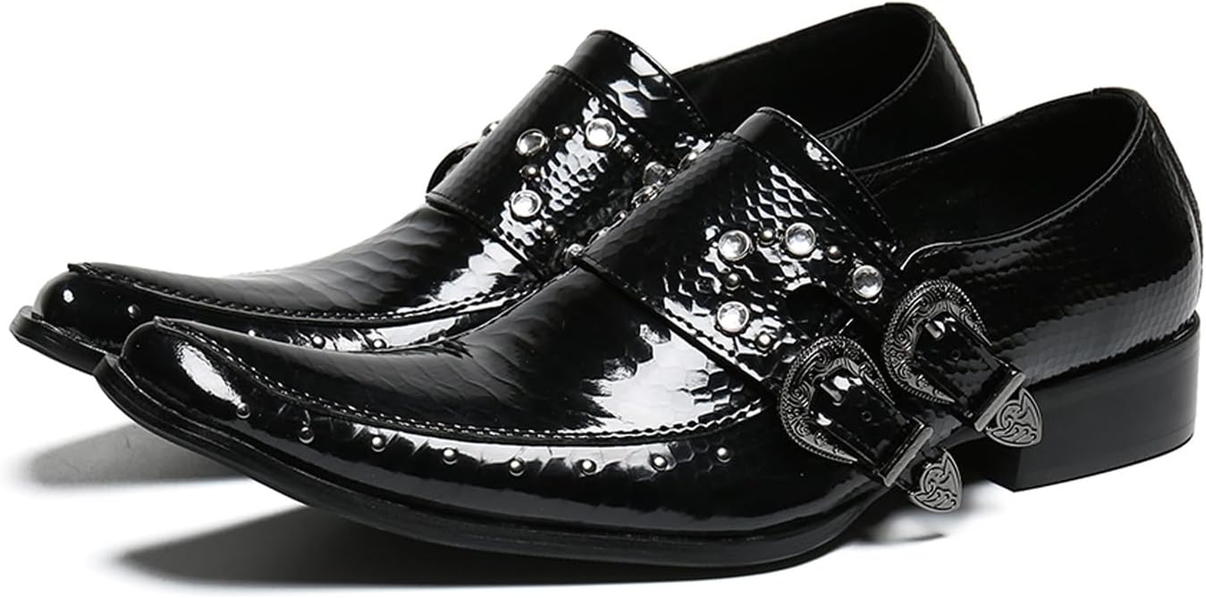 

Мужские туфли Santimon из лаковой кожи с пряжкой, заостренным носком и заклепками - элегантные повседневные лоферы для офиса, свадеб, вечеринок и баров, черный