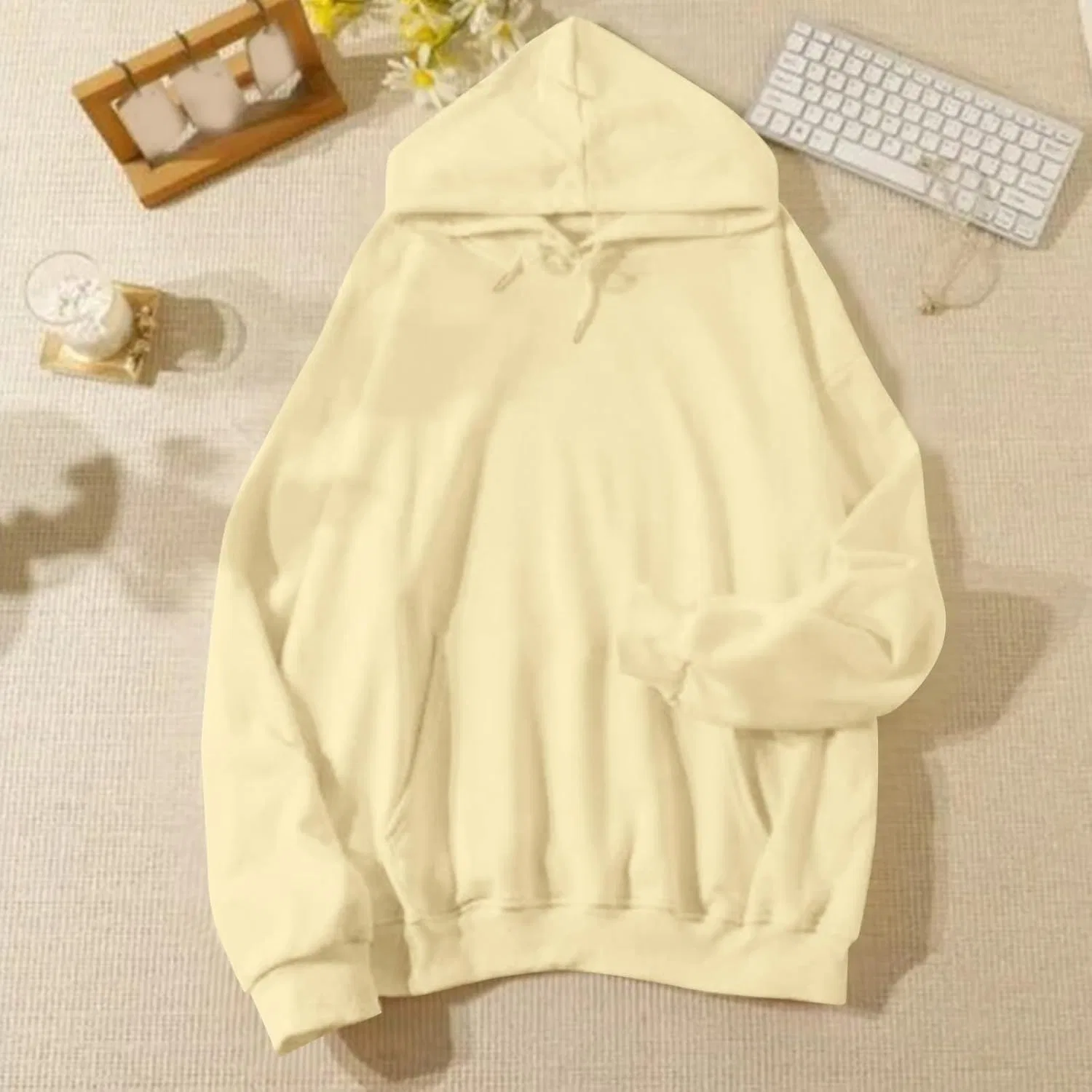 Женская толстовка оверсайз с капюшоном и карманами, Lightweight Fleece, Beige — фото 2