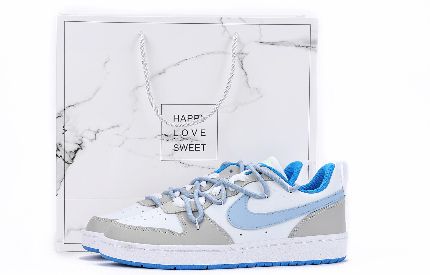 

Кроссовки Nike Court Borough Skateboard Shoes Women's Low-Top White Blue, Синий, Кроссовки Nike Court Borough Skateboard Shoes Women's Low-Top White Blue