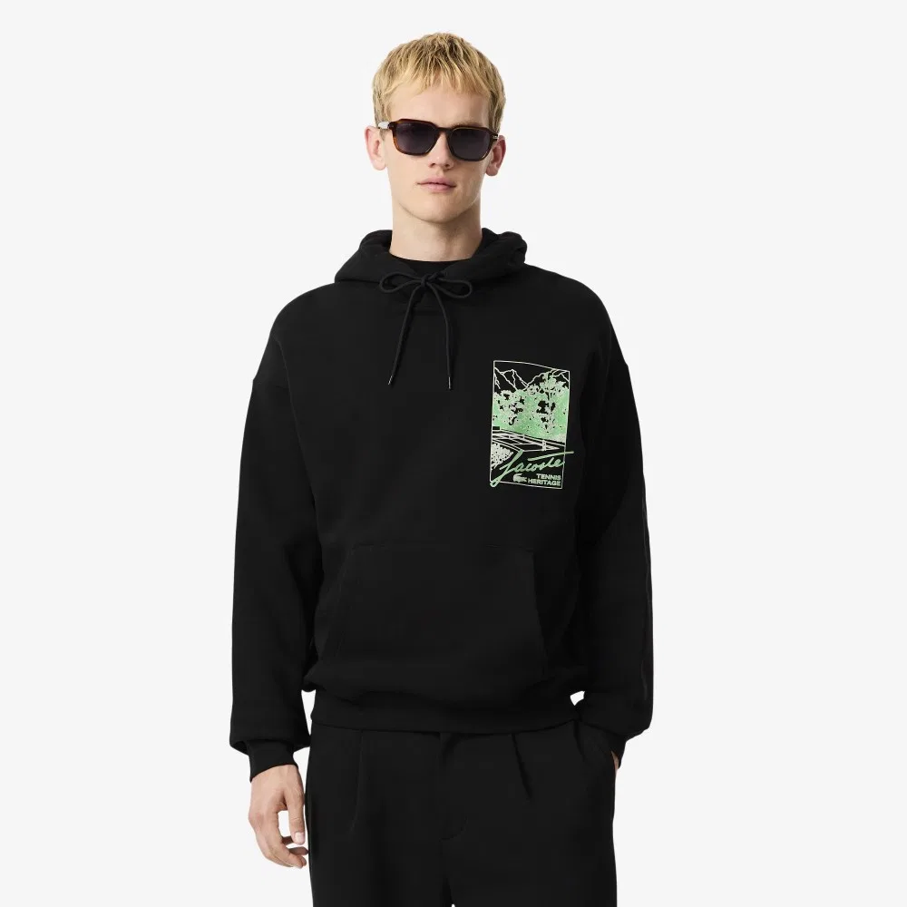 Мужское худи с графикой теннисного корта, чёрное, от Lacoste