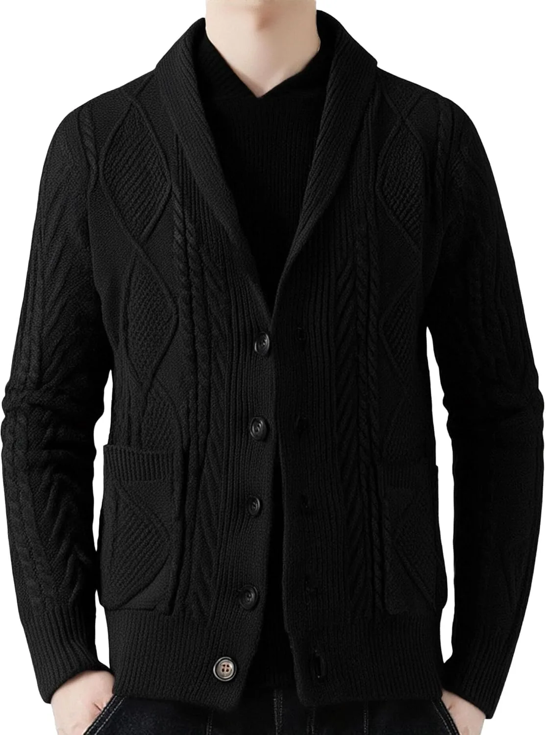 

Мужской кардиган с кабельной вязкой и воротником-шалью