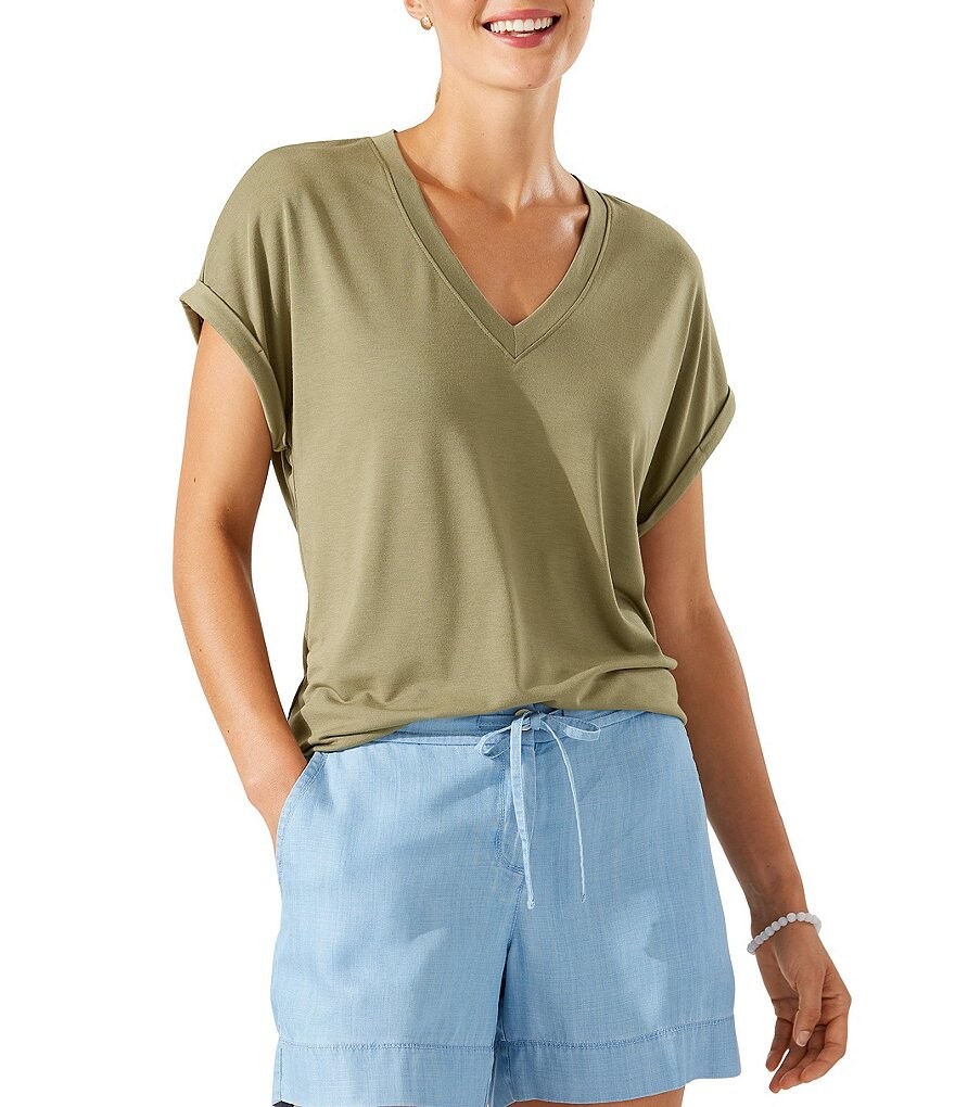 

Tommy Bahama Kauai Мягкая трикотажная футболка стрейч с v-образным вырезом и короткими рукавами, зеленый