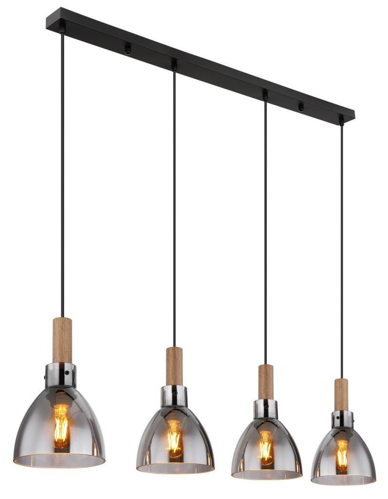 

Подвесной светильник Globo Lighting металлический черный матовый, дымчатое стекло, МДФ под темное дерево, кабель ПВХ черный, высоту можно укоротить, ДxШxВ: 1050x160x1200 мм, без 4x светодиодов E27 9 Вт 230 В.