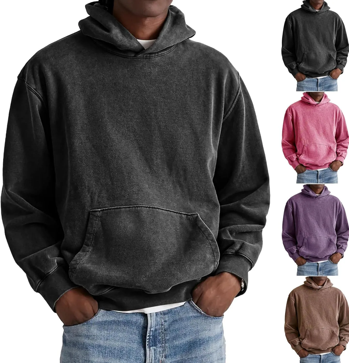 

Винтажный худи с кислотной стиркой для мужчин VELONLLONE